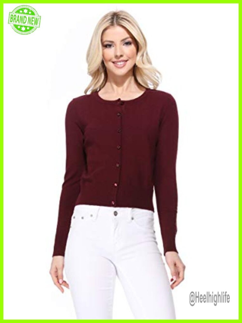 Womens Cropped Long Sleeve Crewneck Cardigan Button Front Knit Top
